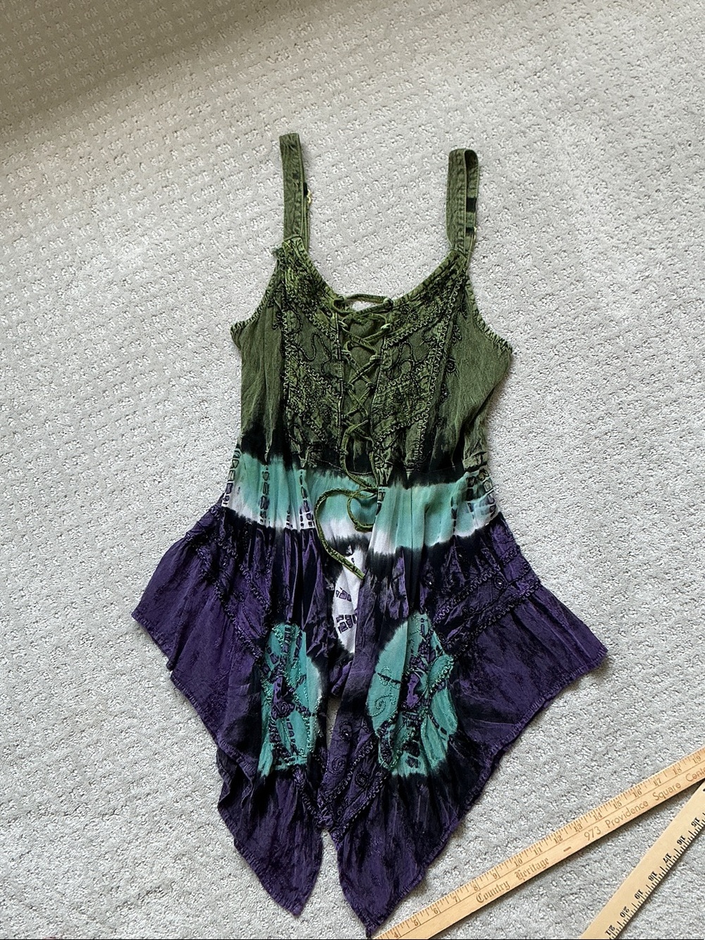 Sleeveless boho Tie-Dye Lace-Up Chemise swing tank top in Olive Green, Purple